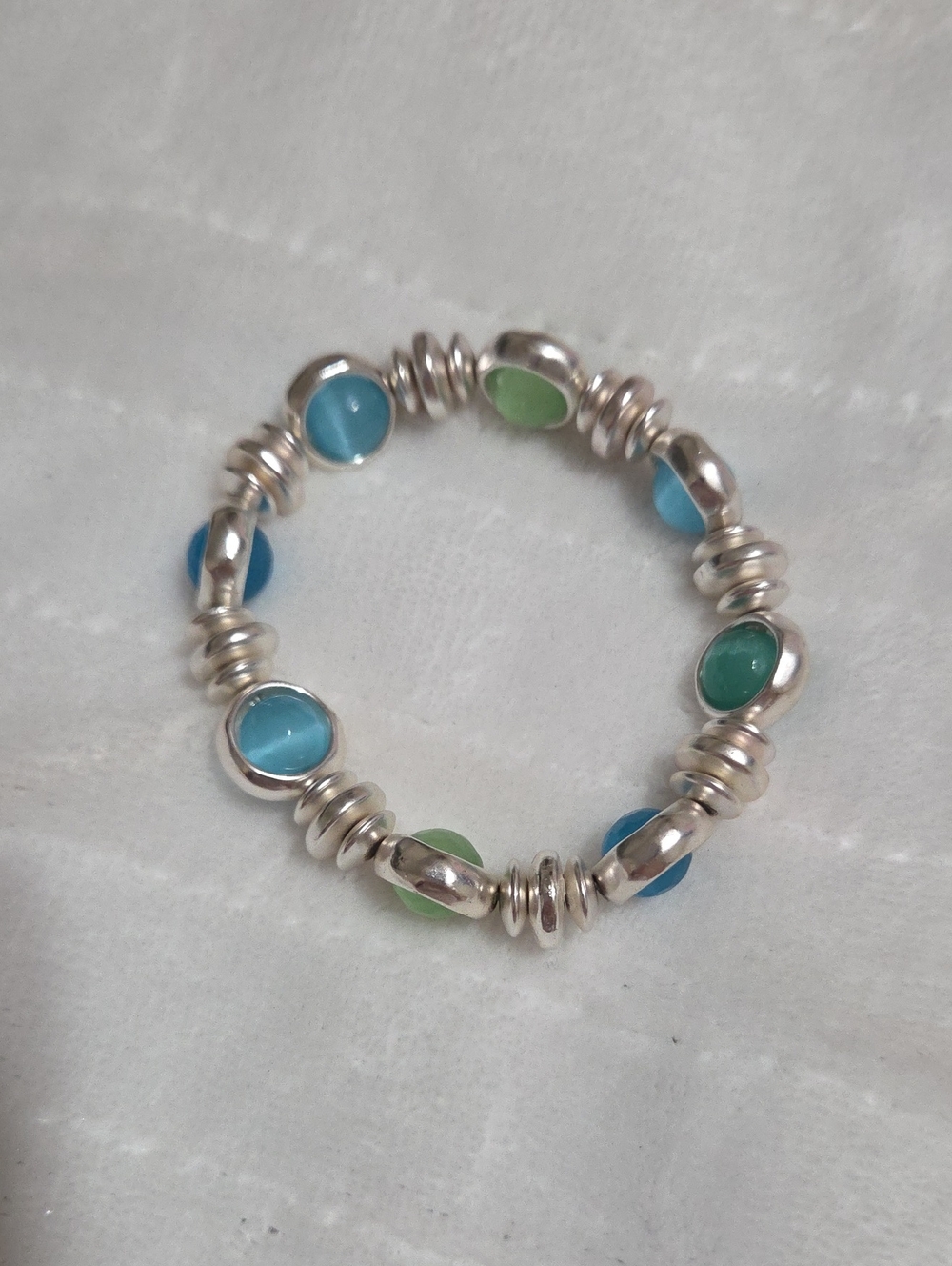 Silver Beaded Stretch Bracelet with Blue & Green Glass Beads